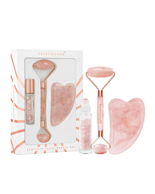 Ansiktsrull+gua sha platta+roll-on flaska Rosenkvarts skönhetsset Crystallove - 1