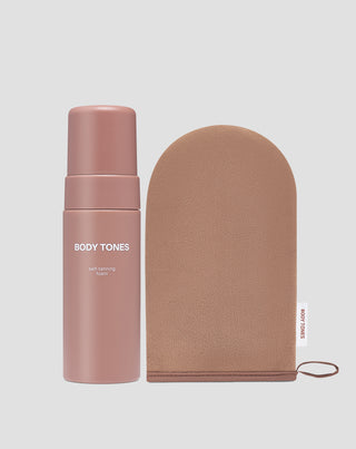 Body Tones set med brun-utan-sol-mousse för alla hudtoner och appliceringshandske - 1
