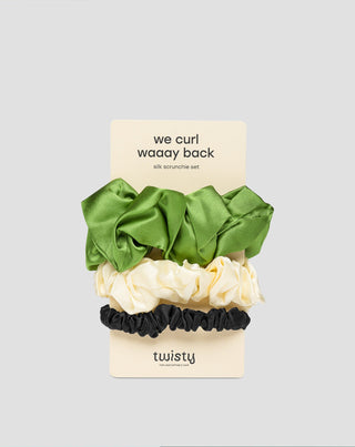 Set med hårelastik av 100% naturligt silke - grön, kräm, svart Twisty 3 st. - 1