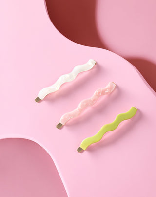 Set med vågiga hårnålar pärla, grön, rosa Twisty 3 st. - 2