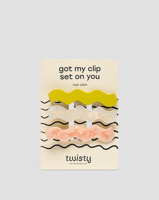 Set med vågiga hårspännen - pärla, grön, rosa Twisty 3 st. - 1