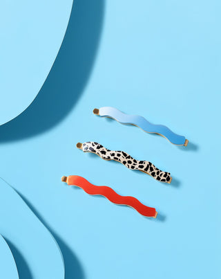 Set med vågiga hårnålar marmorerade, blå, röda Twisty 3 st. - 2