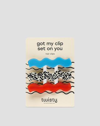 Set med vågiga hårspännen - marmorerade, blå, röda Twisty 3 st. - 1
