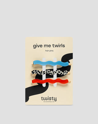 Set med vågiga hårnålar marmorerade, blå, röda Twisty 3 st. - 1