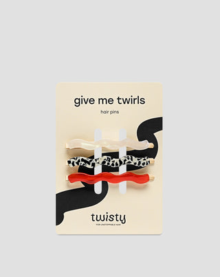 Set med vågiga hårnålar röd, marmorerad, pärla Twisty 3 st. - 1