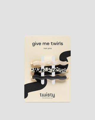 Set med vågiga hårnålar - marmorerad, pärla, svart Twisty 3 st. - 1