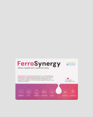 Kosttillskott vid järnbrist för att stödja absorptionen med vitamin C, B12 och folsyra Gardenpharm FerroSynergy 30 st. - 1