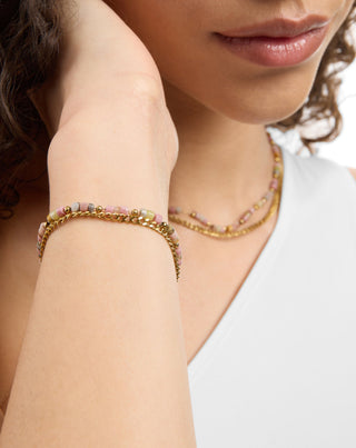 Guldpläterat halsband i rostfritt stål med rosa och citronjade Mys_2 - 3