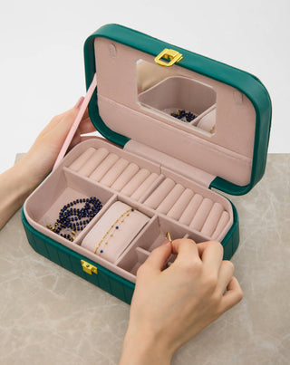 Stort smyckeskrin med fack, rullar och spegel, grön Mys_1 - 2