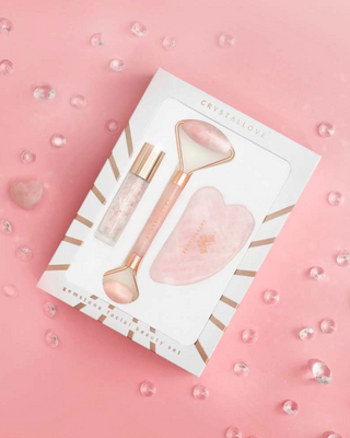 Ansiktsrull+gua sha platta+roll-on flaska Rosenkvarts skönhetsset Crystallove - 2