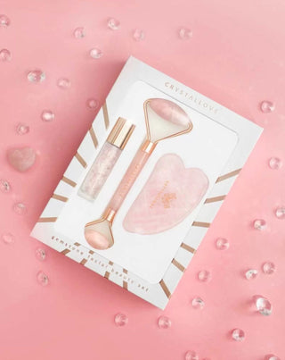 Ansiktsrull+gua sha platta+roll-on flaska Rosenkvarts skönhetsset Crystallove - 2