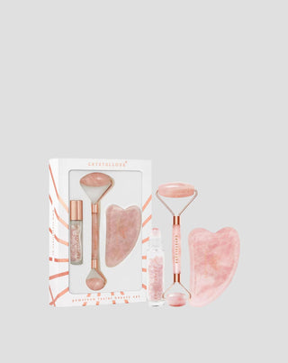 Roller för ansiktet + gua sha-platta + roll-on-flaska Rose quartz beauty set Crystallove - 1