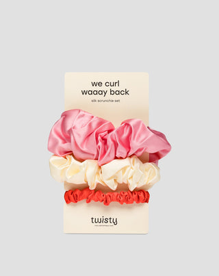 Set med hårelastik av 100% naturligt silke - rosa, kräm, röd Twisty 3 st. - 1