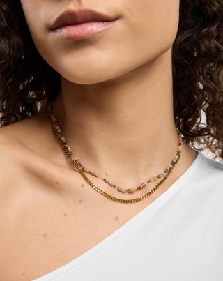 Guldpläterat halsband i rostfritt stål med rosa och citronjade Mys_1 - 2
